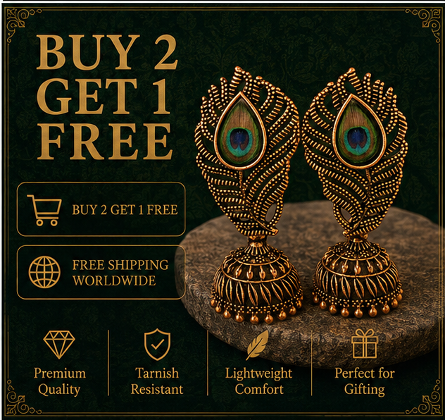 Antique Gold Peacock Feather Jhumka with Real Feather Inlay