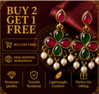 Antique Gold Ruby & Green Clover Drop Earrings with Pearls