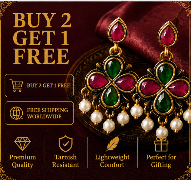 Antique Gold Ruby & Green Clover Drop Earrings with Pearls