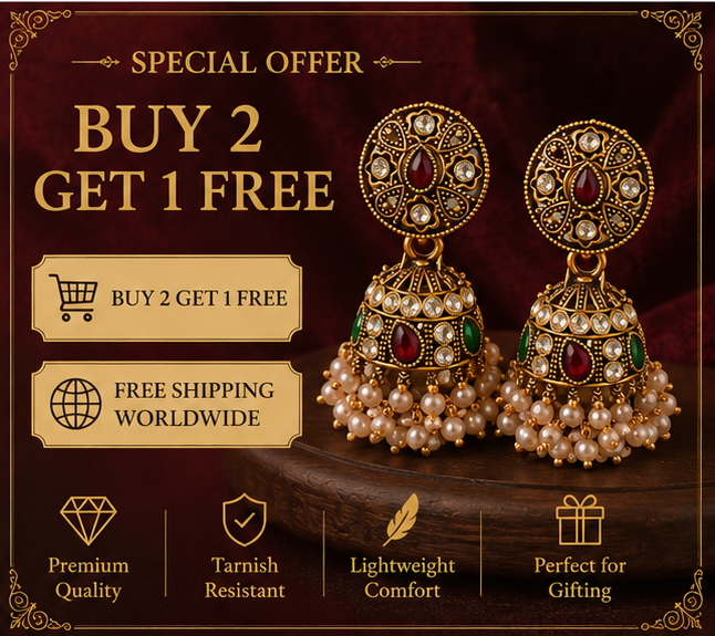 Antique Gold Kundan & Multi-Stone Round Stud Jhumka with Pearls
