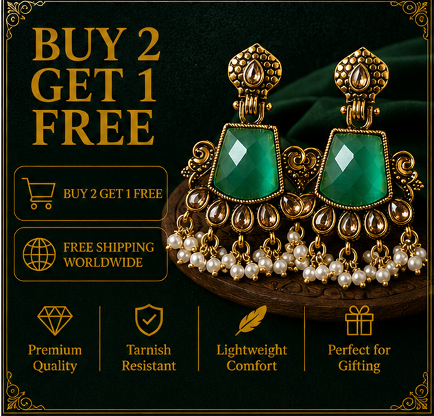 Antique Gold Emerald Green Stone Chandbali with Kundan & Pearls