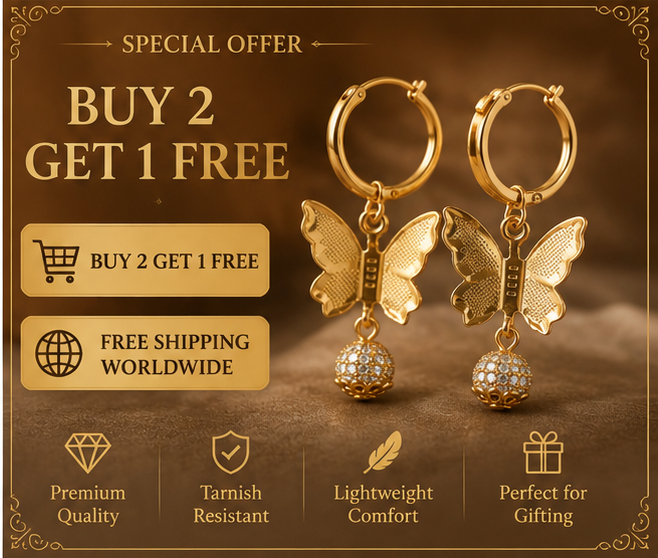 Gold Butterfly Charm Hoop Earrings with Crystal Ball Drop
