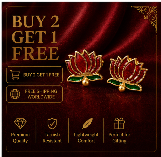 Red Glitter Enamel Lotus Stud Earrings