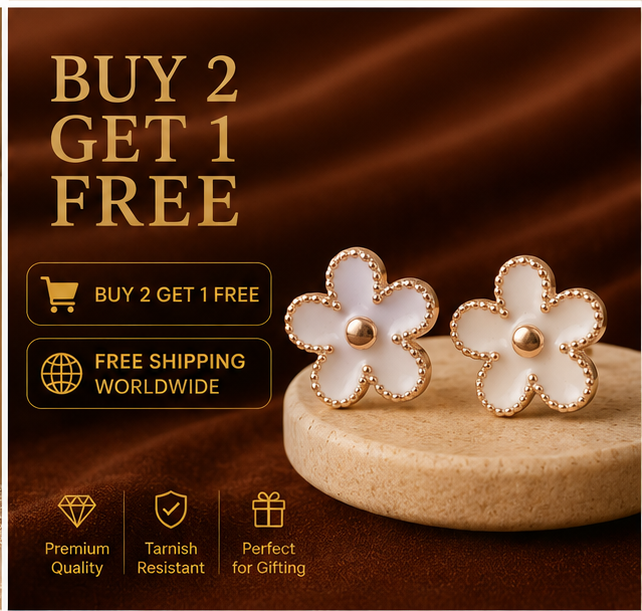Rose Gold White Floral Stud Earrings