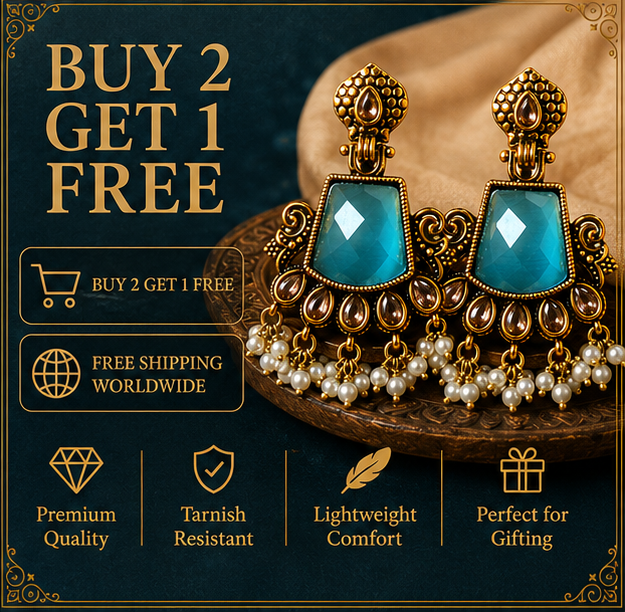 Antique Gold Teal Stone Chandbali with Kundan & Pearl Drops