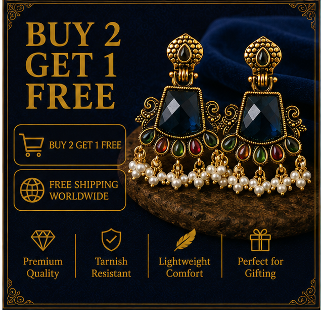 Antique Gold Navy Blue Stone Chandbali with Pearl Drops