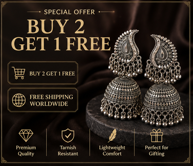 Oxidised Silver Paisley Jhumka Earrings with Ball Fringe