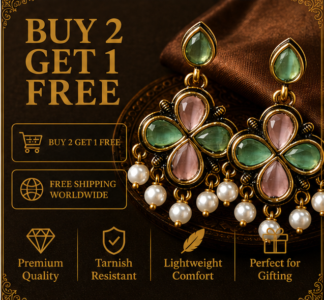 Antique Gold Pink & Green Clover Drop Earrings with Pearl Fringe