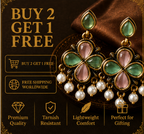 Antique Gold Pink & Green Clover Drop Earrings with Pearl Fringe
