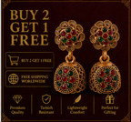 Antique Gold Flower Stud Dual-Stone Dome Jhumka