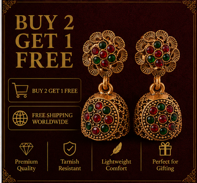 Antique Gold Flower Stud Dual-Stone Dome Jhumka
