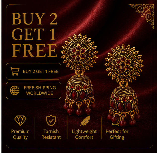 Red Stone Antique Gold Jhumka Earrings with Sun Stud