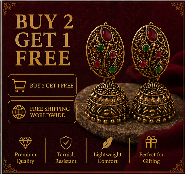 Antique Gold Oval Filigree Jhumka with Red & Green Stones