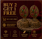 Antique Gold Oval Filigree Jhumka with Red & Green Stones