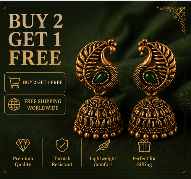 Antique Gold Peacock Jhumka with Green Stone