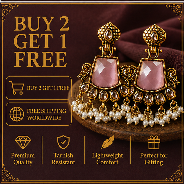 Antique Gold Pink Stone Chandbali with Kundan & Pearl Drops
