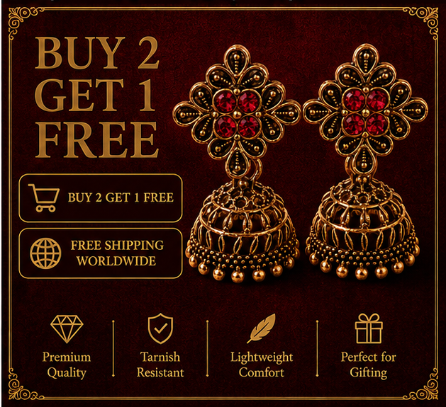 Antique Gold Flower Stud Cage Jhumka – Red Stone