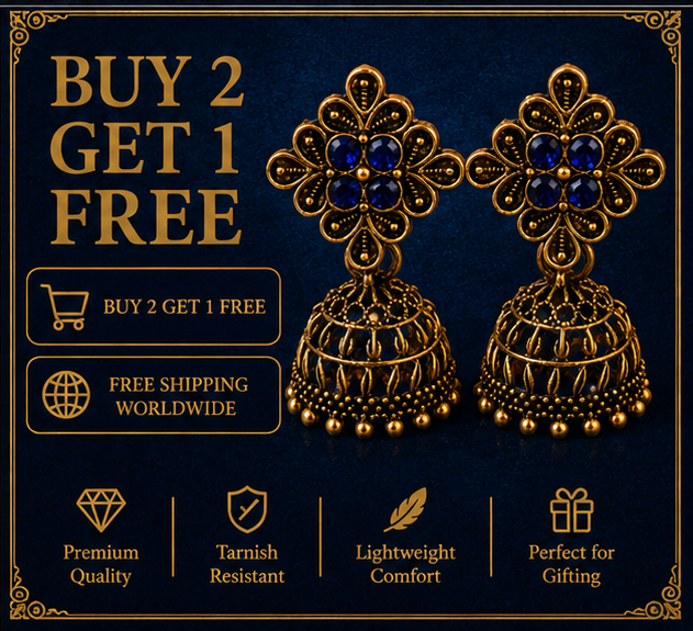 Antique Gold Flower Stud Cage Jhumka – Blue Stone
