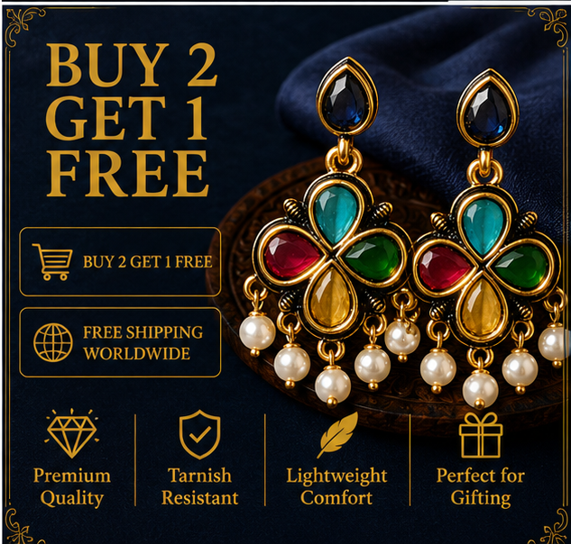 Antique Gold Multicolour Clover Drop Earrings with Pearl Fringe