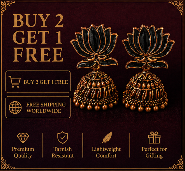 Black Enamel Lotus Jhumka Earrings — Copper Tone