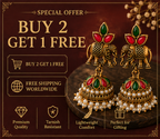 Antique Gold Elephant Jhumka with Red-Green Stones & Pearl Fringe