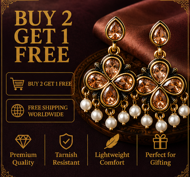Antique Gold Champagne Crystal Clover Drop Earrings with Pearls