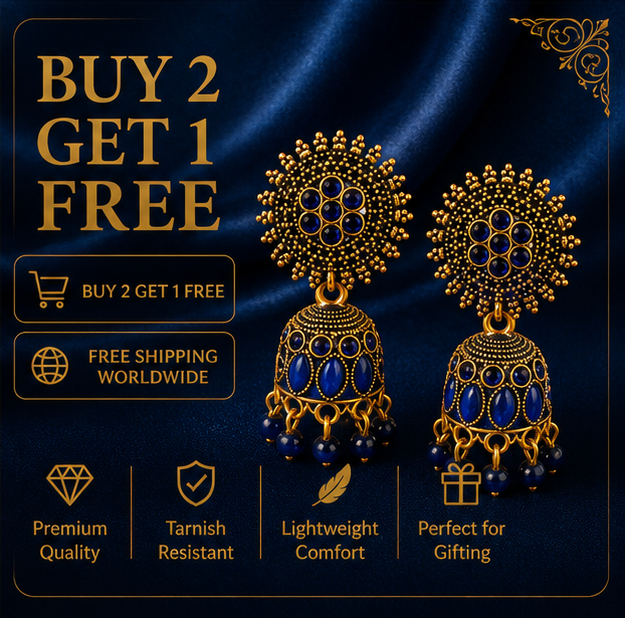 Blue Stone Antique Gold Jhumka Earrings with Sun Stud