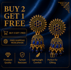 Blue Stone Antique Gold Jhumka Earrings with Sun Stud