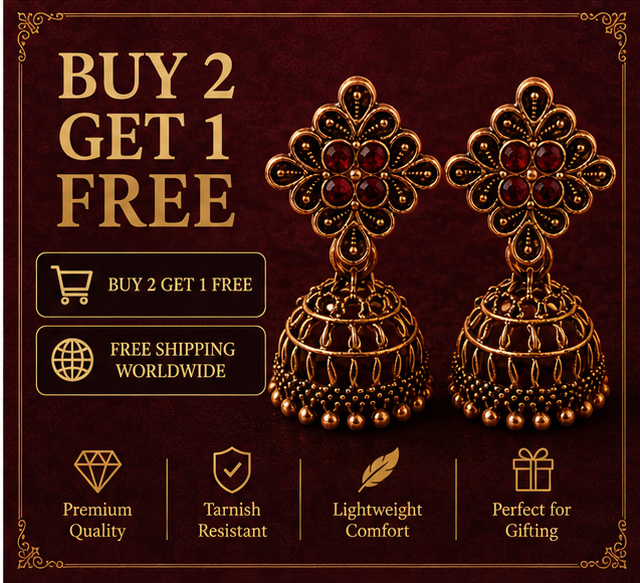 Copper Flower Stud Cage Jhumka – Red Stone