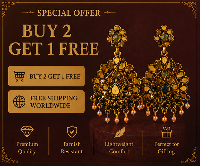 Antique Copper Navratna Multi-Stone Fan Drop Earrings
