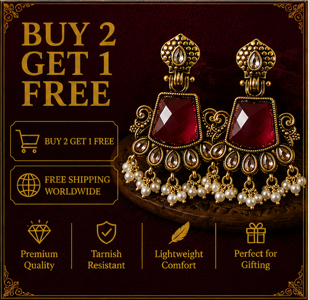 Antique Gold Ruby Red Stone Chandbali with Kundan & Pearls