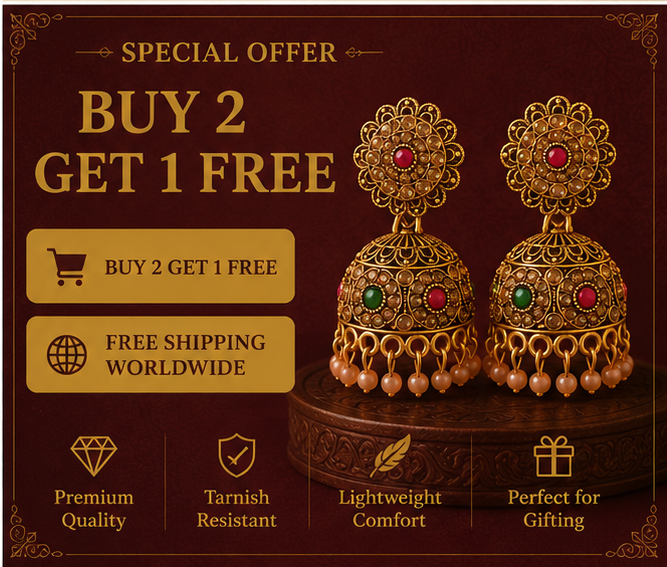Antique Gold Floral Stud Dome Jhumka with Multi-Stone & Pearl Drops