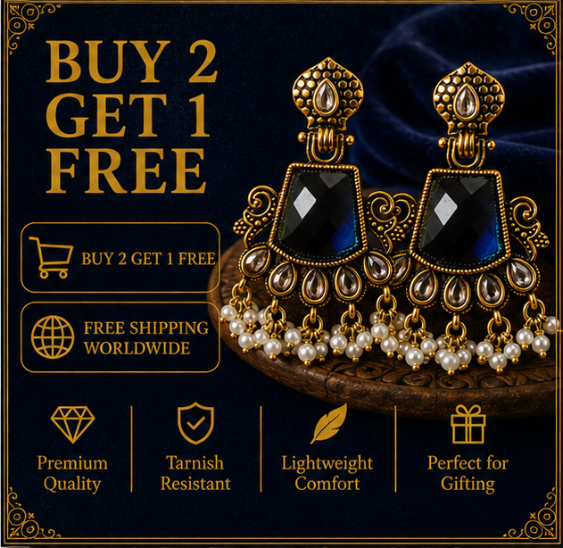 Antique Gold Deep Blue Stone Chandbali with Kundan & Pearls