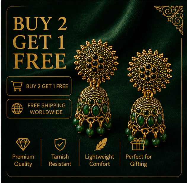 Green Stone Antique Gold Jhumka Earrings with Sun Stud