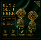 Green Stone Antique Gold Jhumka Earrings with Sun Stud