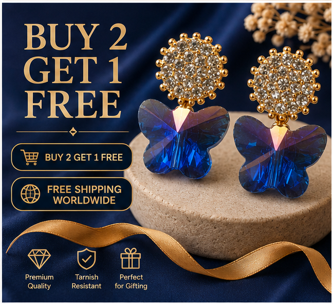 Gold Sapphire Butterfly Crystal Earrings