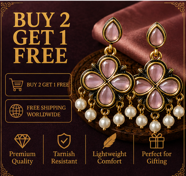 Antique Gold Lavender Clover Drop Earrings with Pearl Fringe