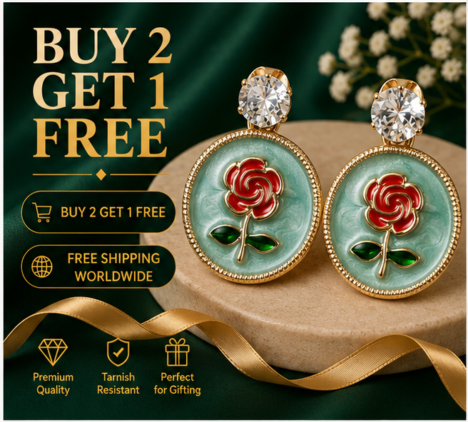Gold Rose Medallion Drop Earrings – Mint Green