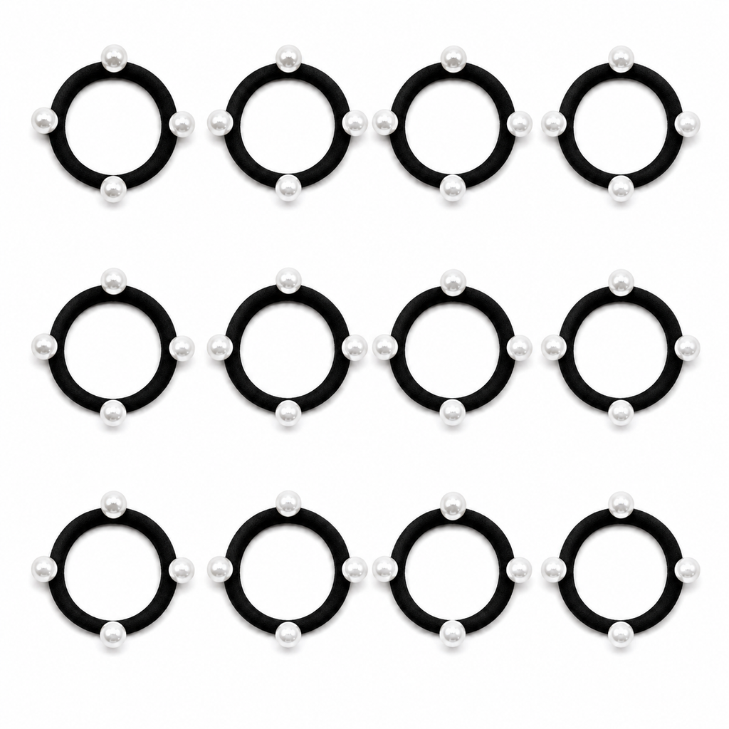 Pearl Hair Ties Set of 12 – Black Elastic Ponytail Holders & Hair Bands for Women & Girls