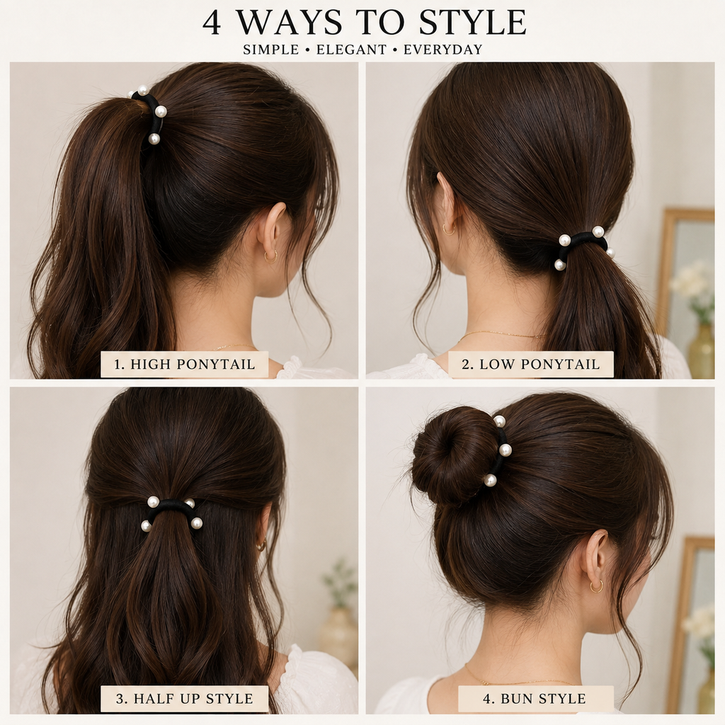 Pearl Hair Ties Set of 12 – Black Elastic Ponytail Holders & Hair Bands for Women & Girls