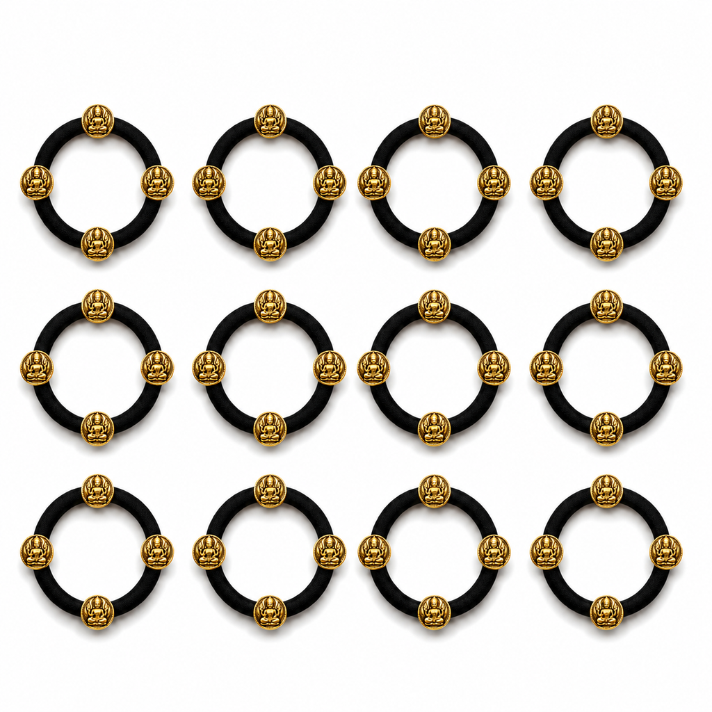 Antique Temple Coin Hair Ties Set of 12 – Black Elastic Ponytail Holders & Hair Bands for Women & Girls