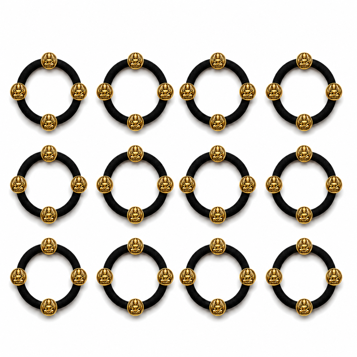Antique Temple Coin Hair Ties Set of 12 – Black Elastic Ponytail Holders & Hair Bands for Women & Girls