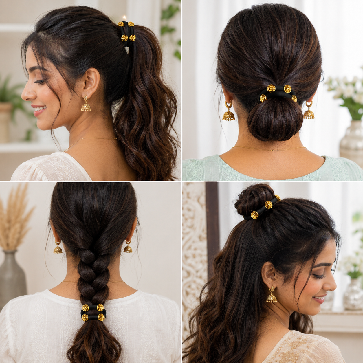 Antique Temple Coin Hair Ties Set of 12 – Black Elastic Ponytail Holders & Hair Bands for Women & Girls