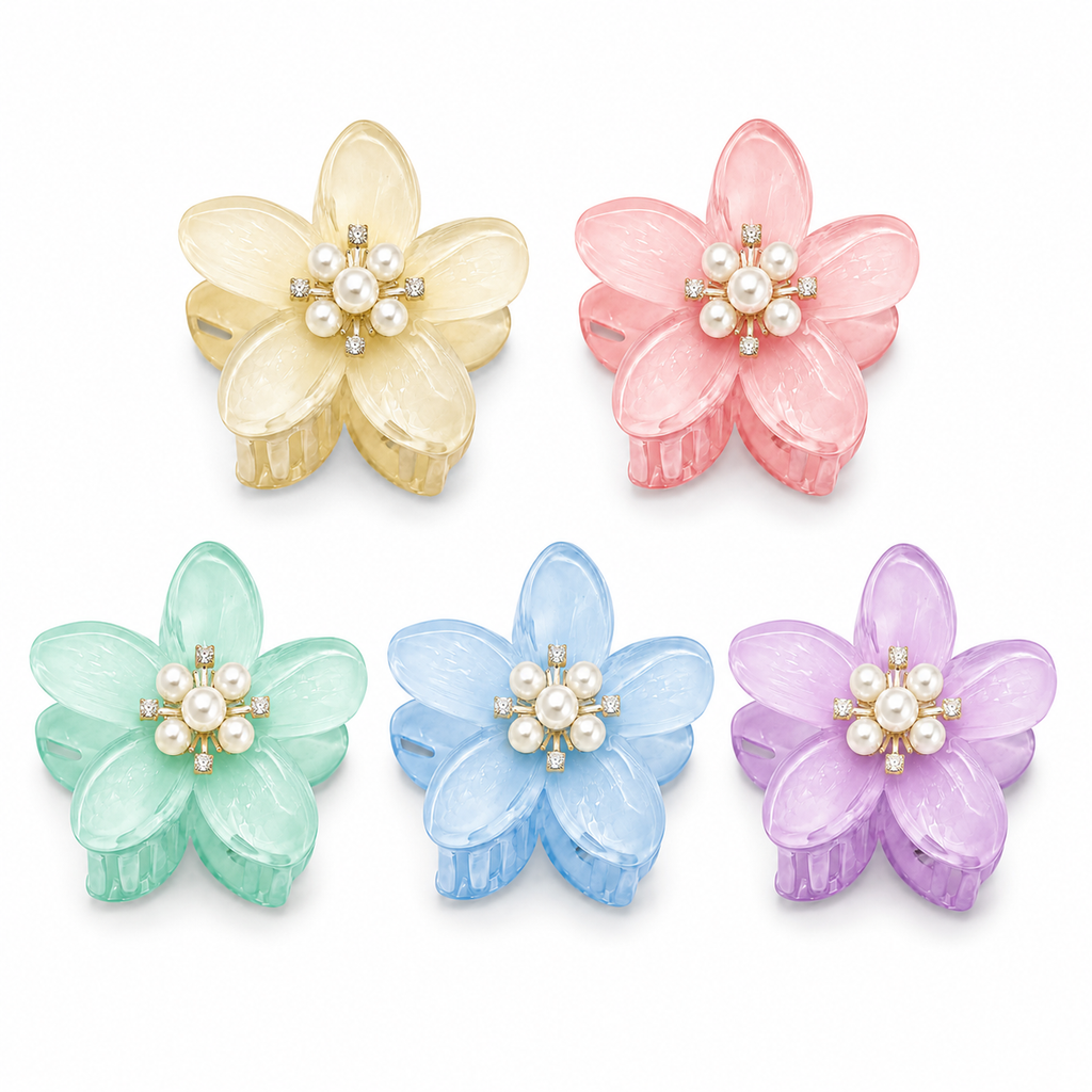 Pearl Flower Hair Claw Clips Set of 5 – Multicolor Plumeria Floral Hair Accessories for Women & Girls