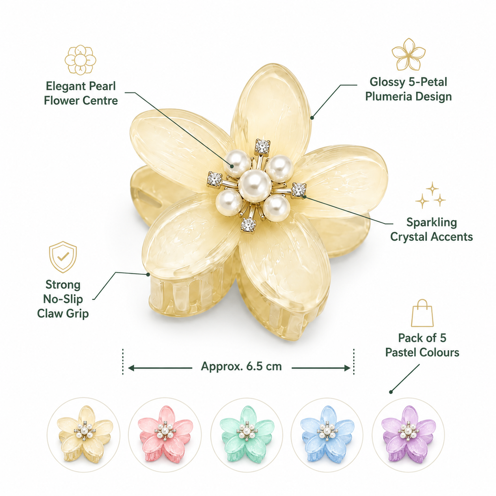 Pearl Flower Hair Claw Clips Set of 5 – Multicolor Plumeria Floral Hair Accessories for Women & Girls