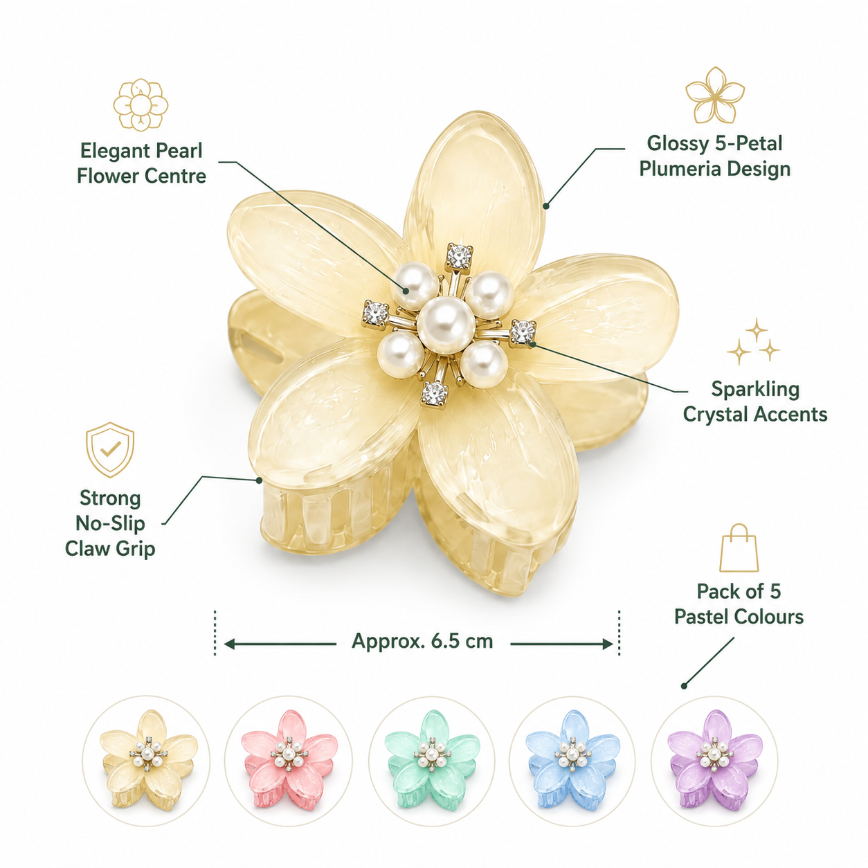 Pearl Flower Hair Claw Clips Set of 5 – Multicolor Plumeria Floral Hair Accessories for Women & Girls