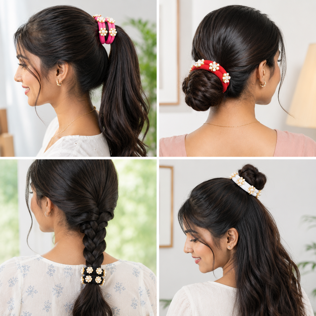 Pearl Flower Hair Ties Set of 12 – Multicolor Elastic Ponytail Holders & Hair Bands for Women & Girls