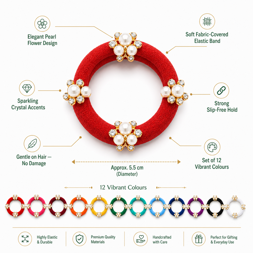 Pearl Flower Hair Ties Set of 12 – Multicolor Elastic Ponytail Holders & Hair Bands for Women & Girls