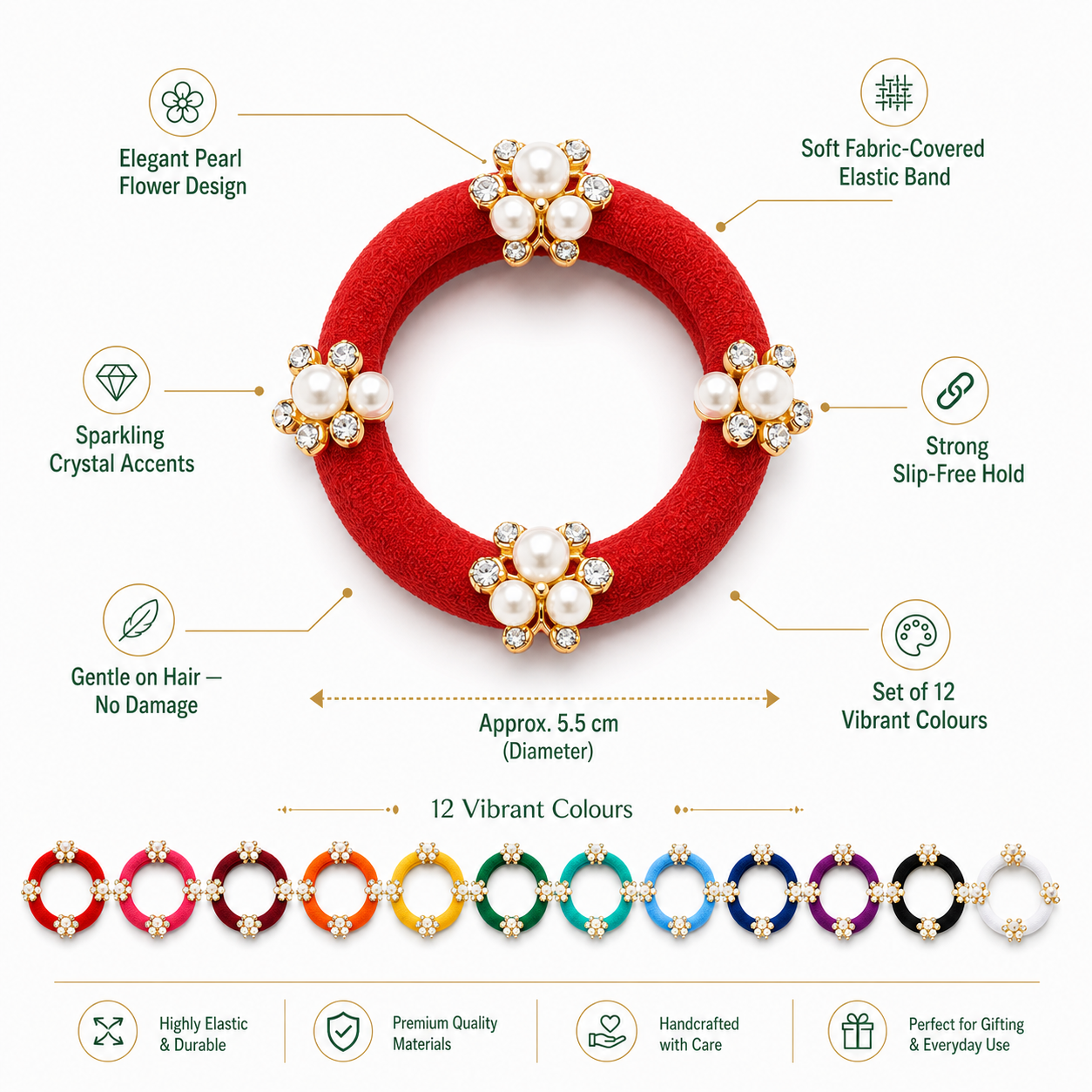 Pearl Flower Hair Ties Set of 12 – Multicolor Elastic Ponytail Holders & Hair Bands for Women & Girls