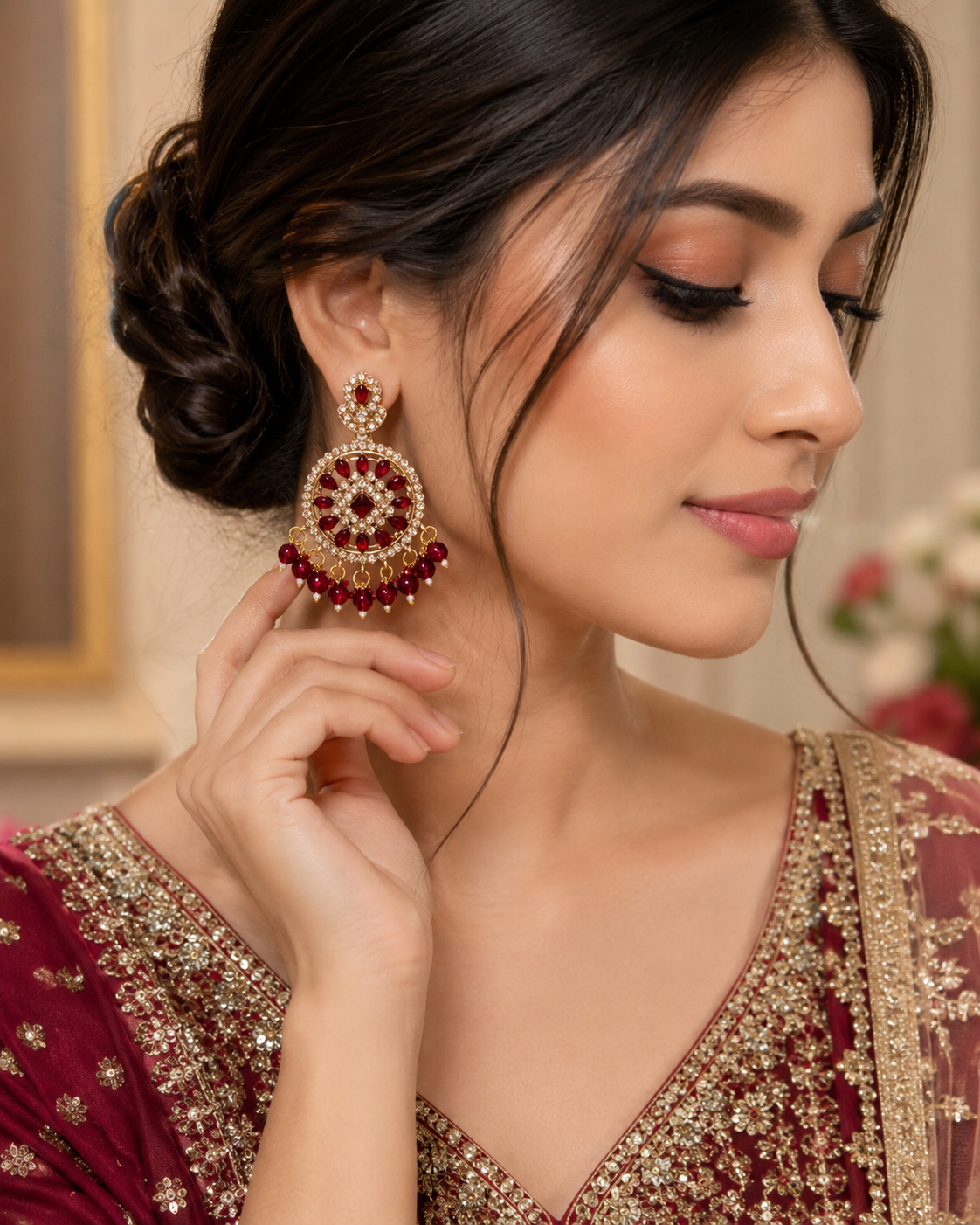 Maroon Round American Diamond Chandbali Earrings